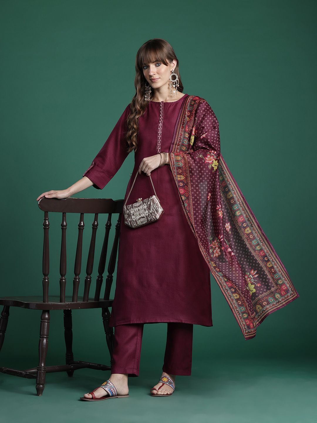 Dhiyona IE Ethnic Motifs Yoke Design Thread Work Kurta with Trousers & With Dupatta