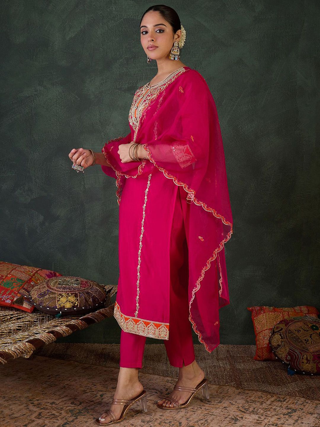 Women Ethnic Motifs Embroidered Regular Kurta with Trousers & With Dupatta