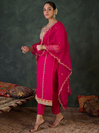 Women Ethnic Motifs Embroidered Regular Kurta with Trousers & With Dupatta