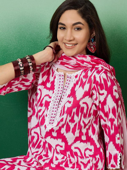 Dhiyona SN Women's Notch Neck Printed Pure Cotton Kurta With Trousers & Dupatta
