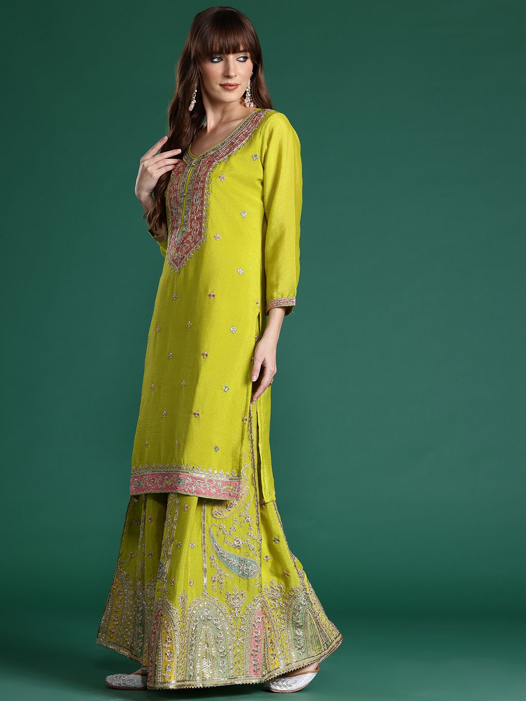 Paisley Embroidered Sequinned Kurta with Palazzos & With Dupatta