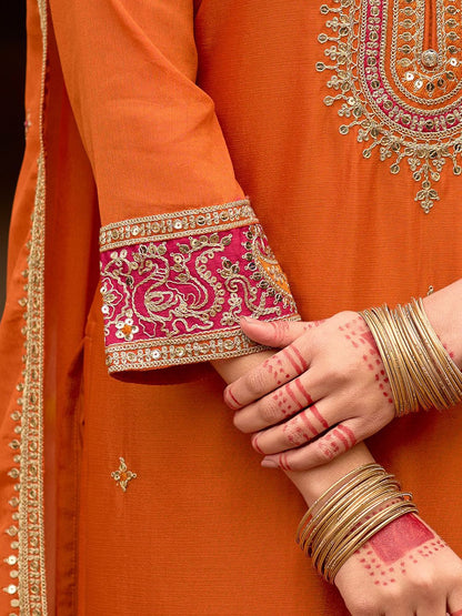 Dhiyona IE Floral Embroidered Sequinned Chinon Straight Kurta With Trousers & Dupatta