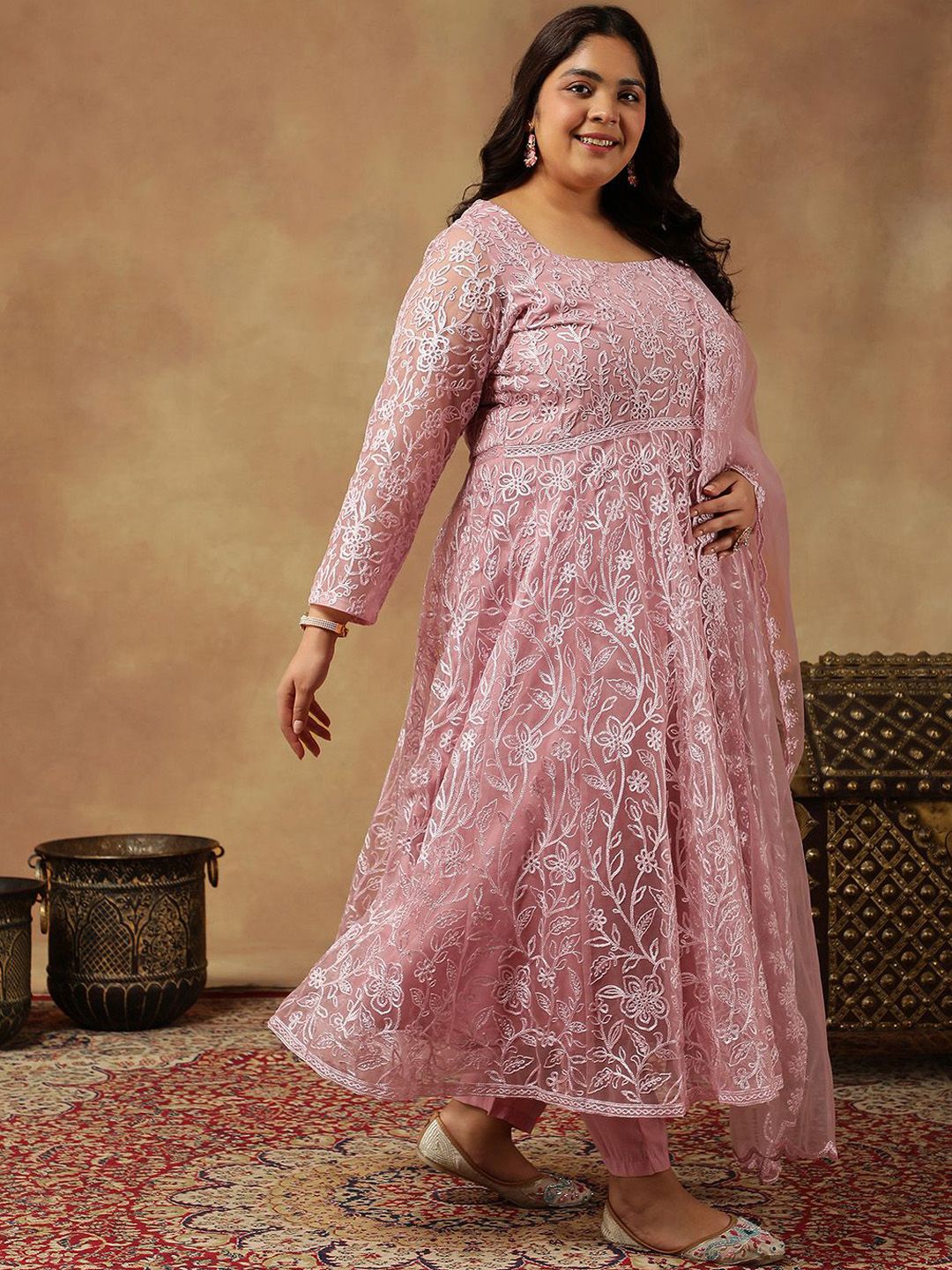 Dhiyona IN Floral Embroidered Regular Thread Work Anarkali Kurta With Trousers & Dupatta
