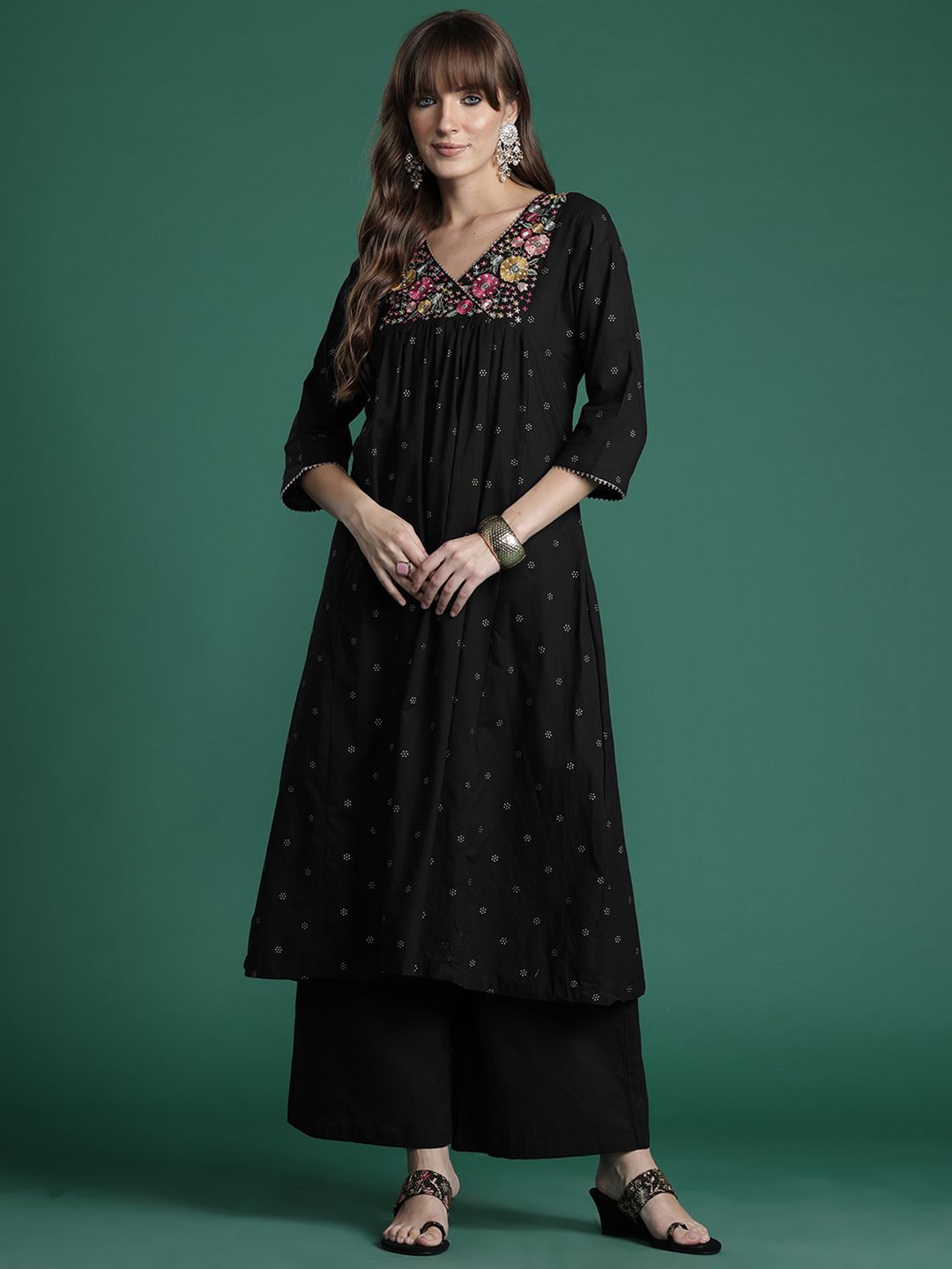 Floral Embroidered Empire Thread Work Pure Cotton Kurta with Palazzos