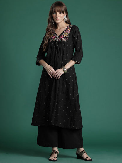 Floral Embroidered Empire Thread Work Pure Cotton Kurta with Palazzos