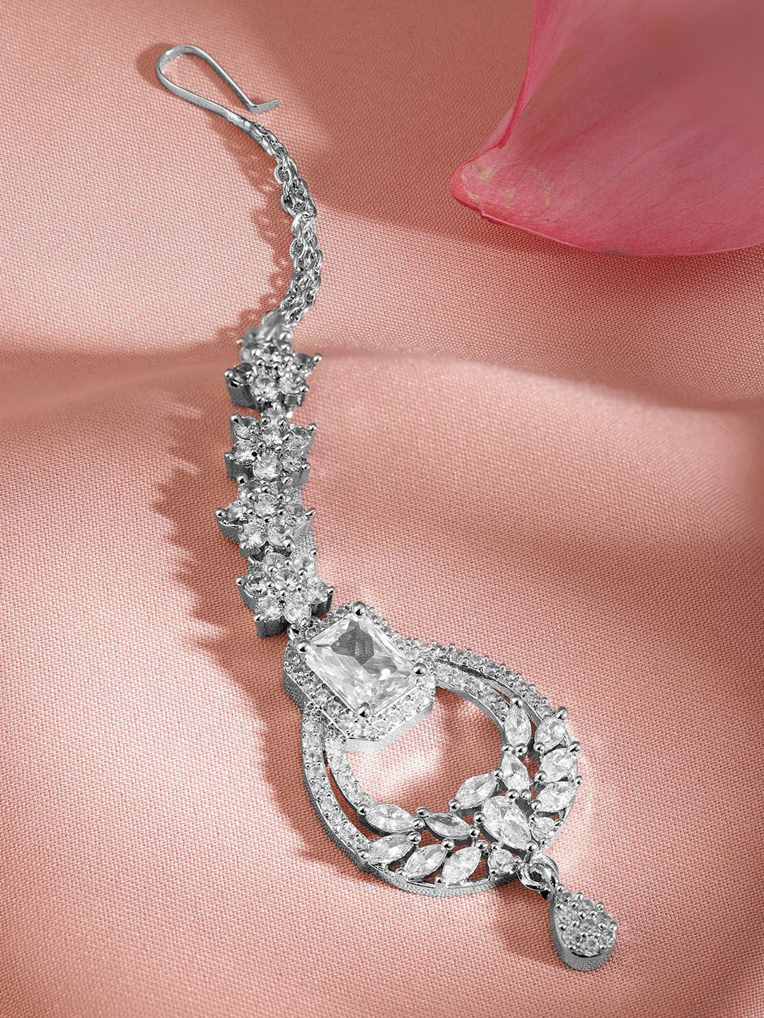 Dhiyona RJ Women's Rhodium-Plated Artificial Stones Studded Maang Tikka