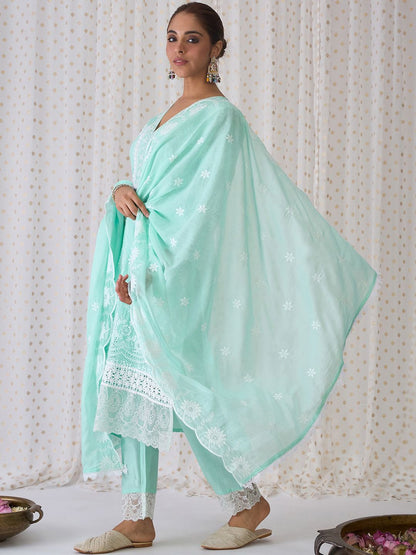 Dhiyona IE Floral Embroidered Regular Thread Work Pure Cotton Straight Kurta Set