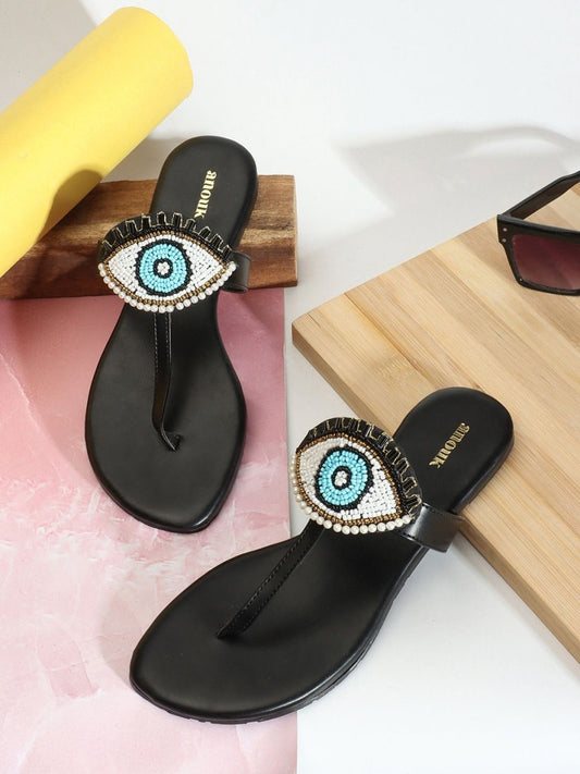 Dhiyona AK Black & Blue Evil Eye Embellished Classic T-Strap Flats