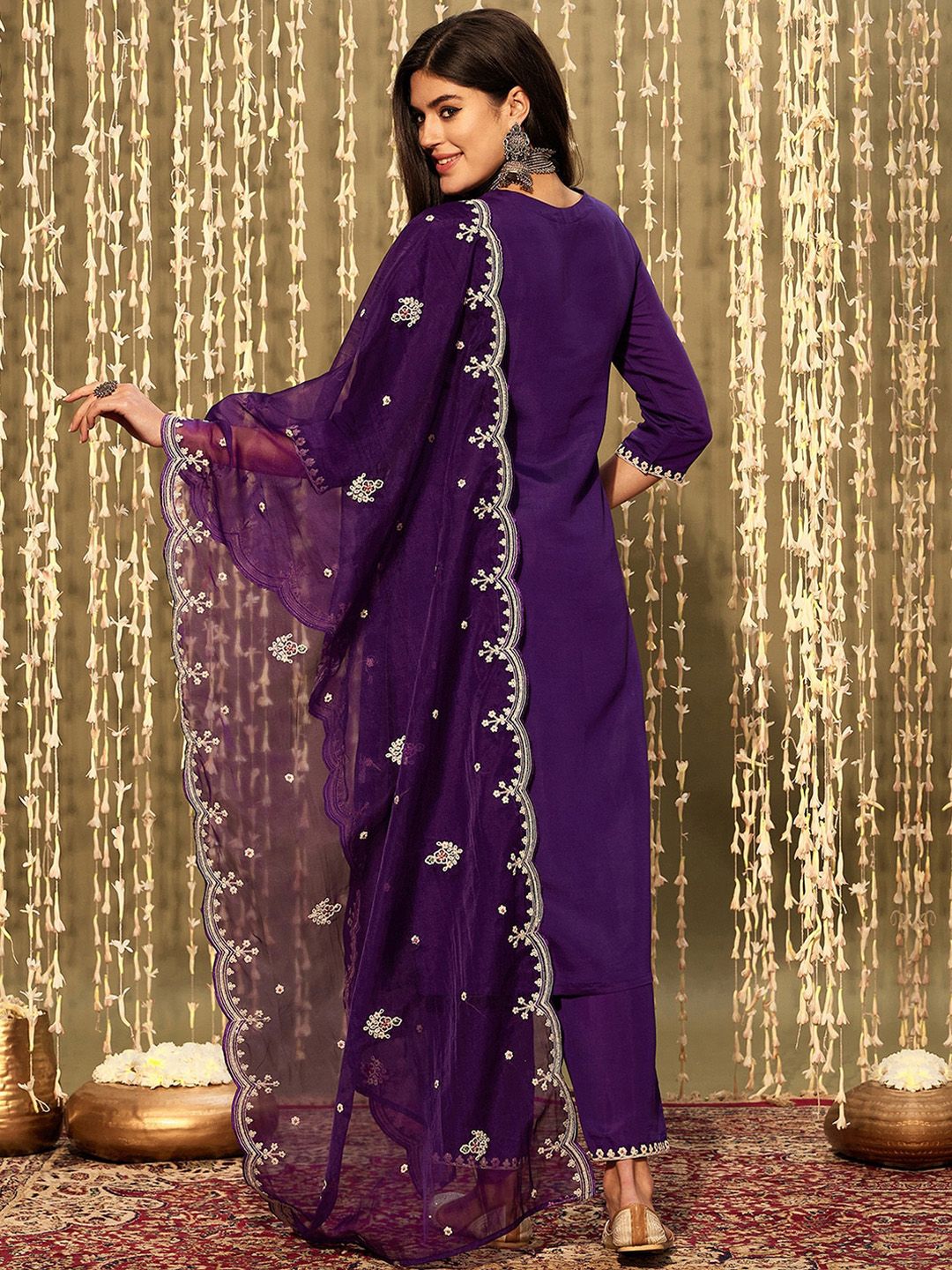 Dhiyona IE Purple Floral Yoke Design Thread Work Straight Kurta With Trousers & Dupatta