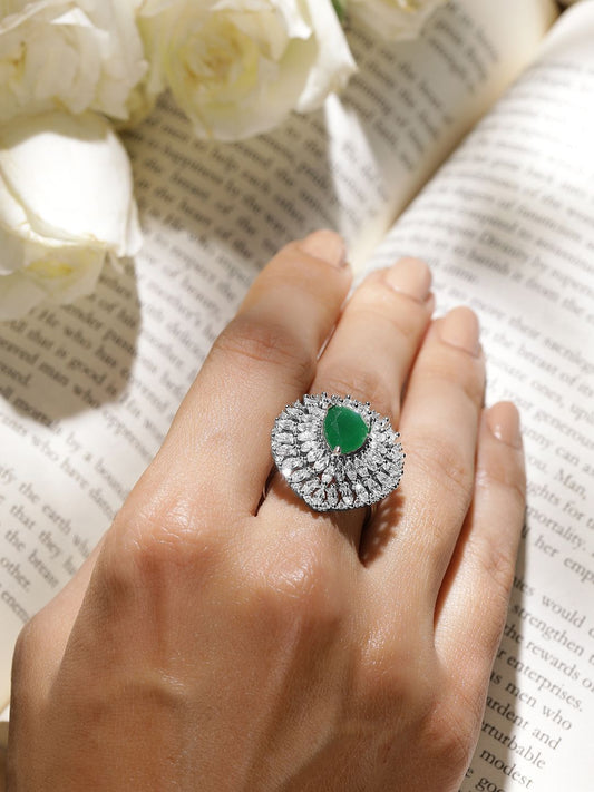 Dhiyona RJ Women's Rhodium Plated High Quality AD & Emerald Stone Studded Finger Ring
