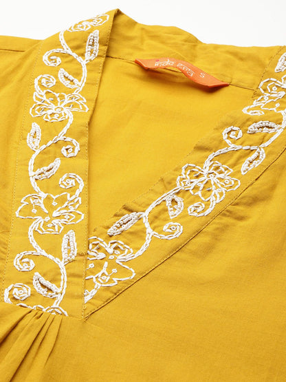 Floral Embroidered Thread Work Pure Cotton Kurta with Trousers & With Dupatta