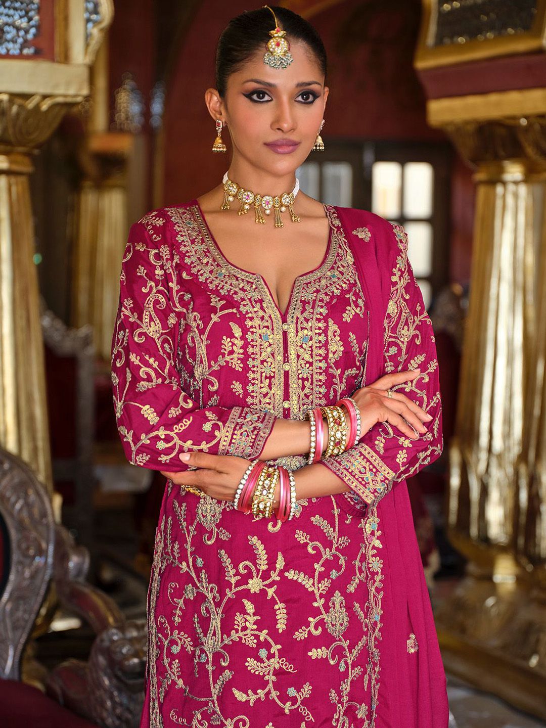 Adults-Women Woven Design Embroidered Kurta with Palazzos & Dupatta