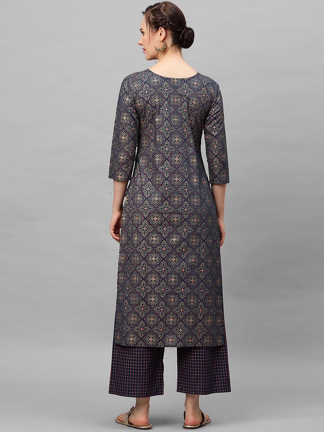 Women Navy Blue Printed Regular Straight Keyhole Neck Pure Cotton Kurta Set