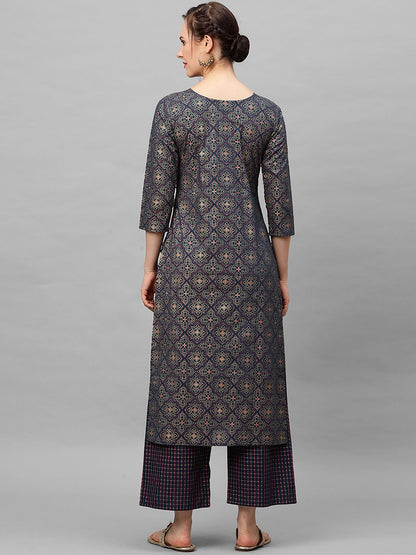 Women Navy Blue Printed Regular Straight Keyhole Neck Pure Cotton Kurta Set