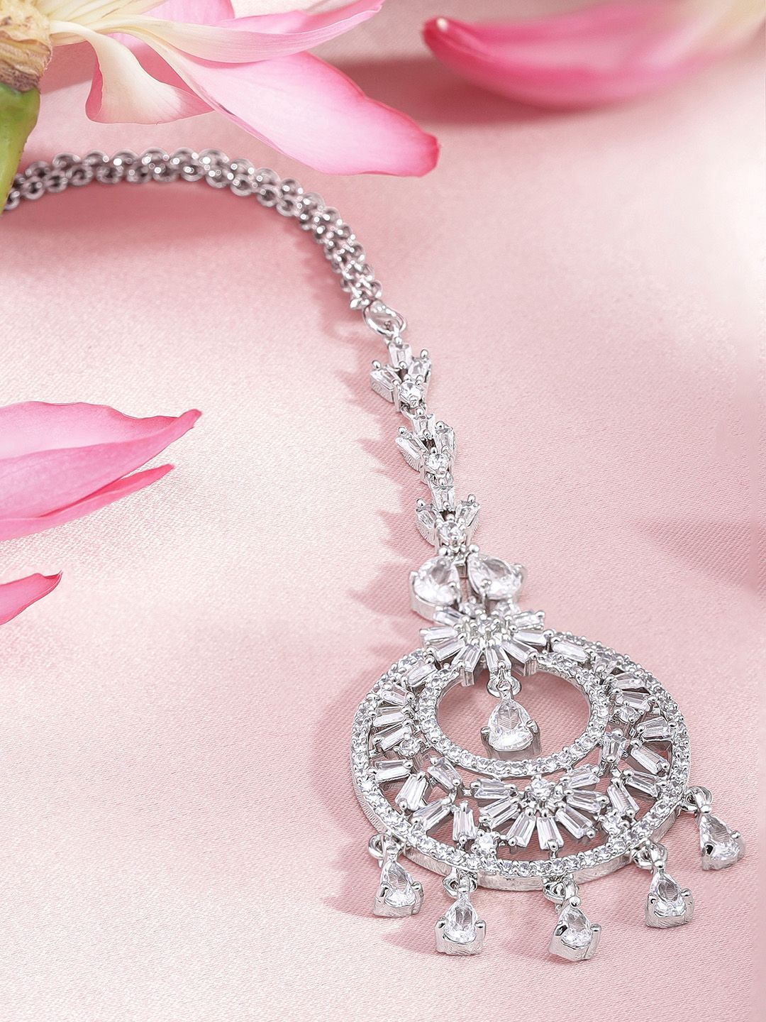 Dhiyona RJ Women's Silver-Plated Cubic Zicronia Studded Premium Maang Tikka