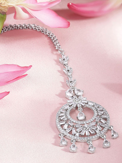 Dhiyona RJ Women's Silver-Plated Cubic Zicronia Studded Premium Maang Tikka