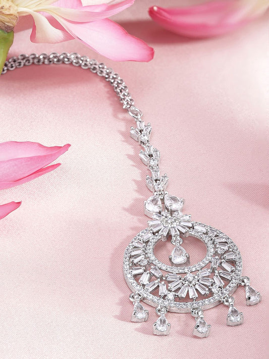 Dhiyona RJ Women's Silver-Plated Cubic Zicronia Studded Premium Maang Tikka