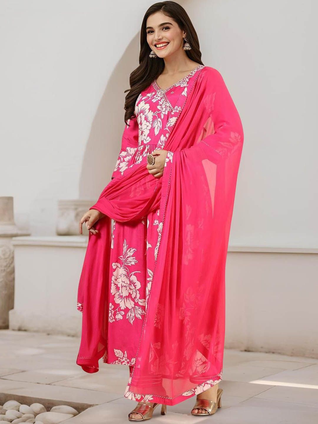 Dhiyona IS Women's Floral Printed Pure Cotton A-Line Kurta With Trousers & Dupatta
