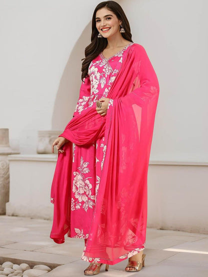 Dhiyona IS Women's Floral Printed Pure Cotton A-Line Kurta With Trousers & Dupatta