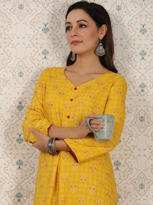 Dhiyona OD  Ethnic Motifs Printed V-Neck Asymmetric A-Line Kurta