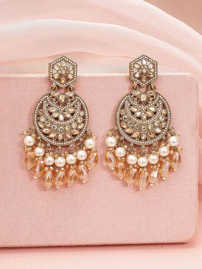 Dhiyona RJ Women's 18K Gold-Plated Chandbali Earrings with Champagne Stones, Pearls & Crystal Beads