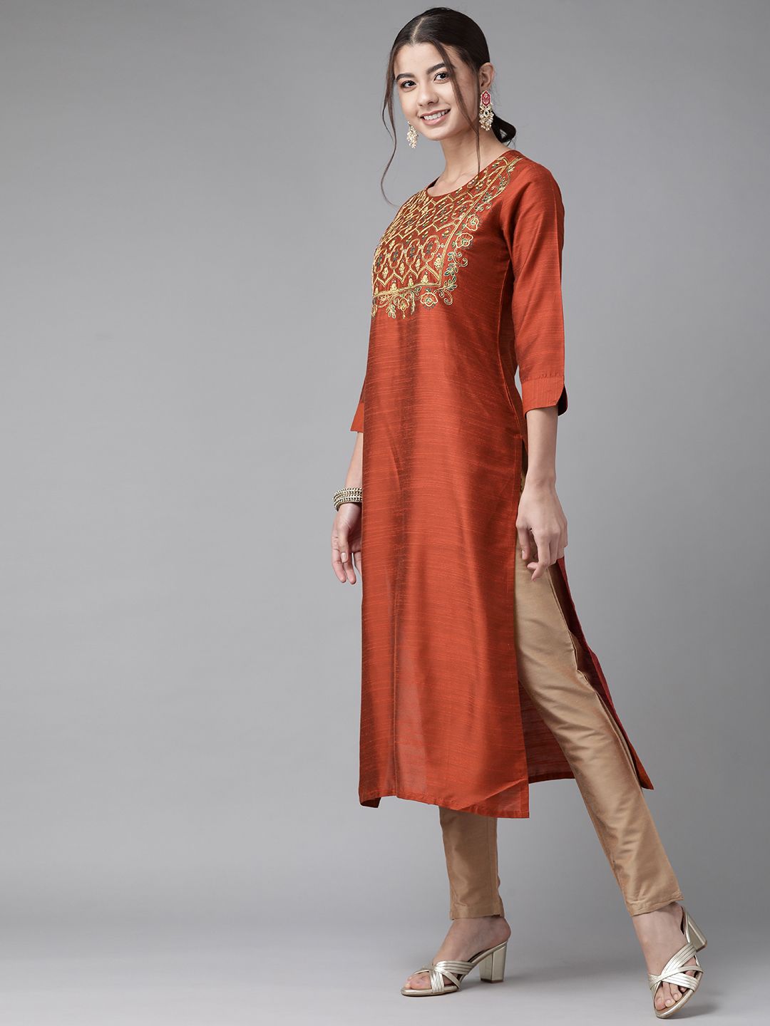 Dhiyona IE Women Orange Yoke Design Thread Work Chanderi Silk Chanderi Silk Kurta