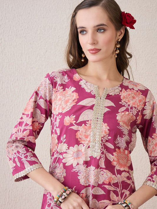 Dhiyona IE Floral Printed Notch Neck Thread Work Cotton Straight Kurta