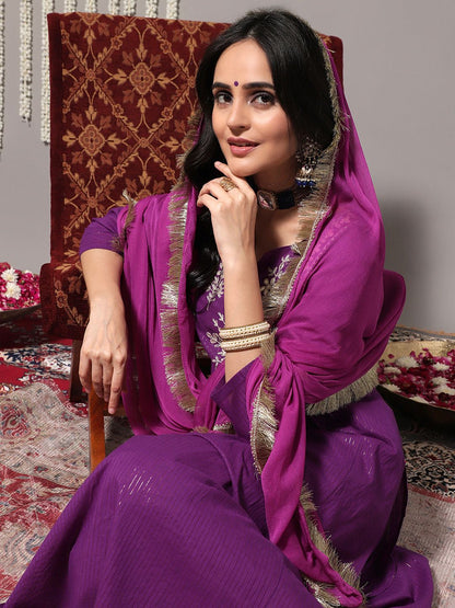 Dhiyona VA Women's Purple Ethnic Motifs Yoke Design Pure Cotton Kurta with Trousers & Dupatta