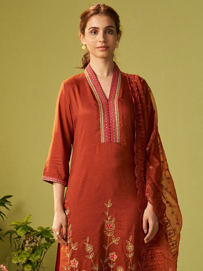Dhiyona IE Women Floral Embroidered Kurta with Trousers & Dupatta