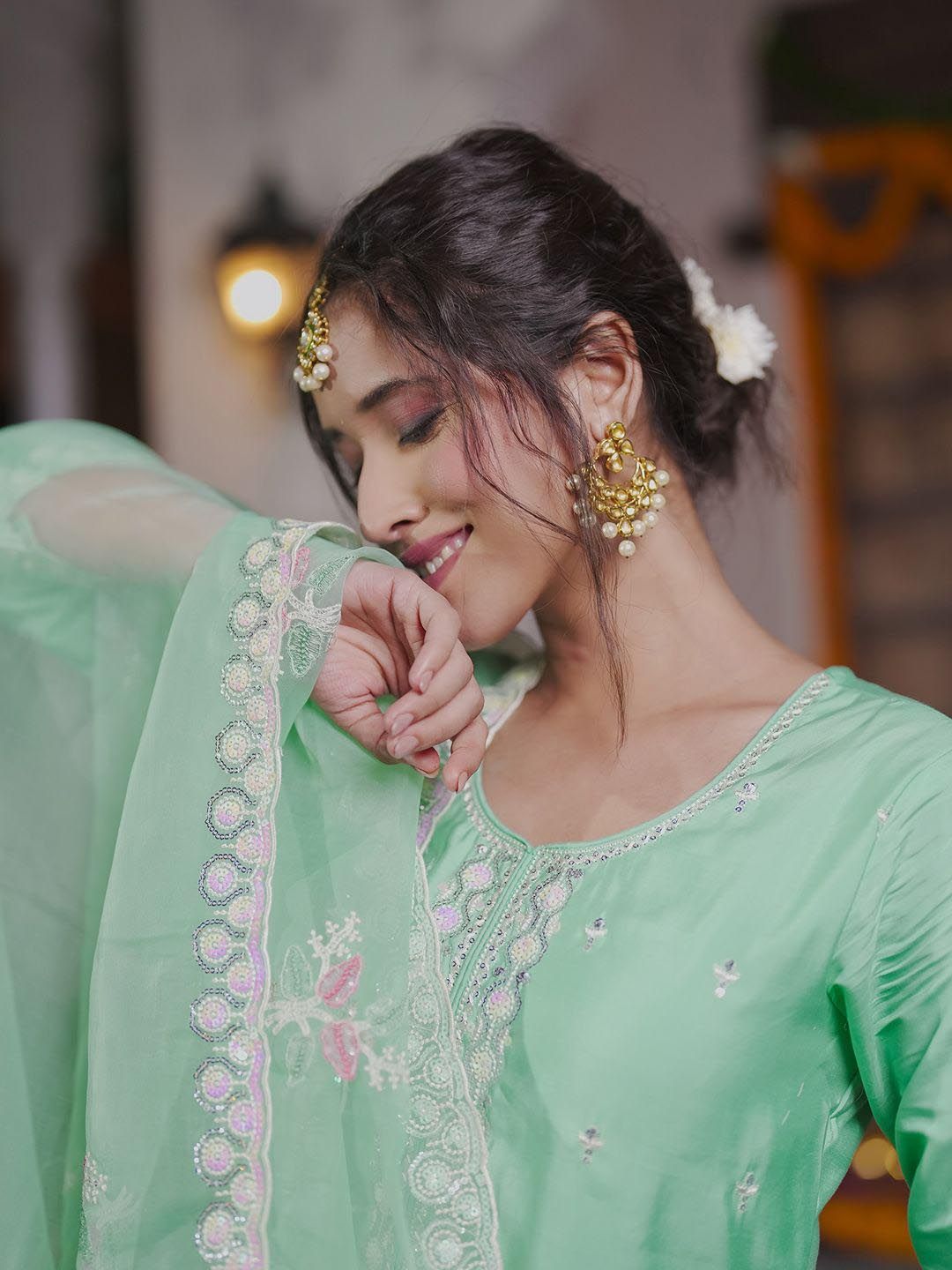 Floral Embroidered Thread Work Kurta With Trousers & Dupatta