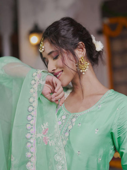 Floral Embroidered Thread Work Kurta With Trousers & Dupatta