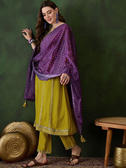 Dhiyona SN Women's Mustard Floral Embroidered Sequinned A-Line Kurta With Trouser And Dupatta