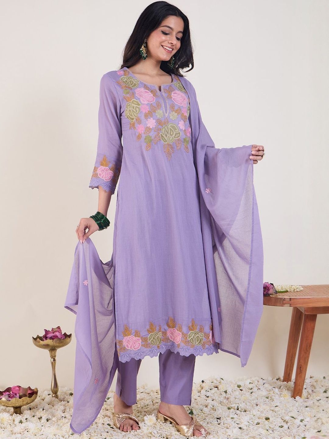 Floral Embroidered Notch Neck Pure Cotton Kurta & Trousers With Dupatta