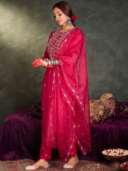 Dhiyona IE Women Floral Embroidered Regular Thread Work Kurta with Trousers & With Dupatta