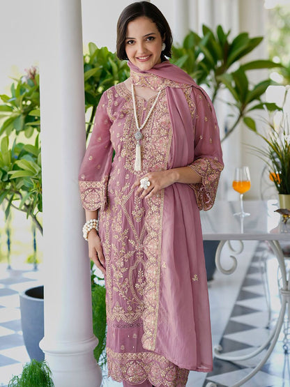 Ethnic Motifs Embroidered V Neck Straight Kurta With Trousers & Dupatta