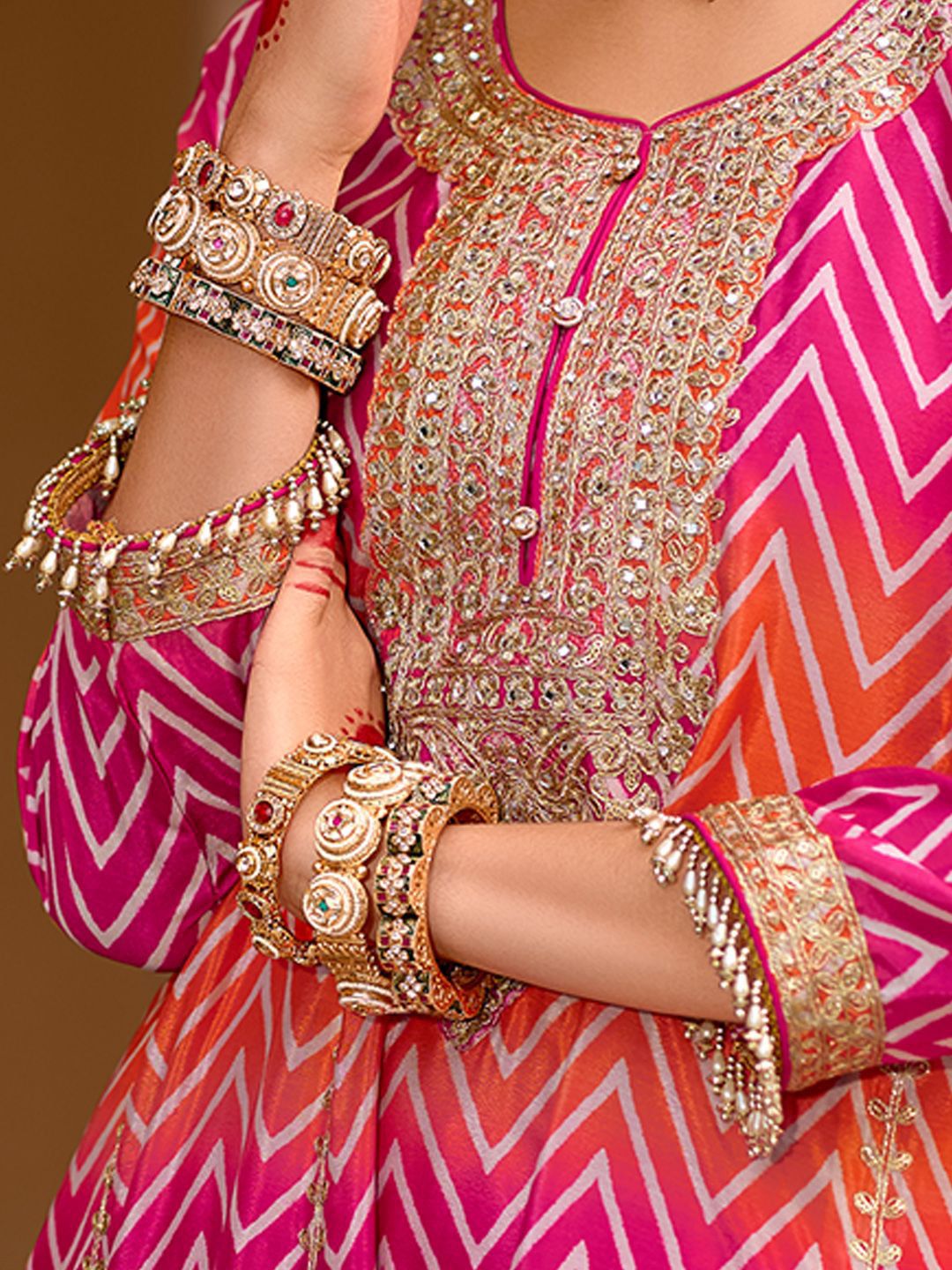 Chevron Printed Sequinned Round Neck A-Line Kurta With Palazzos & Dupatta