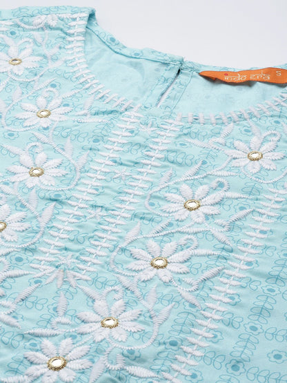 Dhiyona IE Women Turquoise Blue Floral Embroidered Mirror Work Chanderi Silk Kurta with Trousers & With