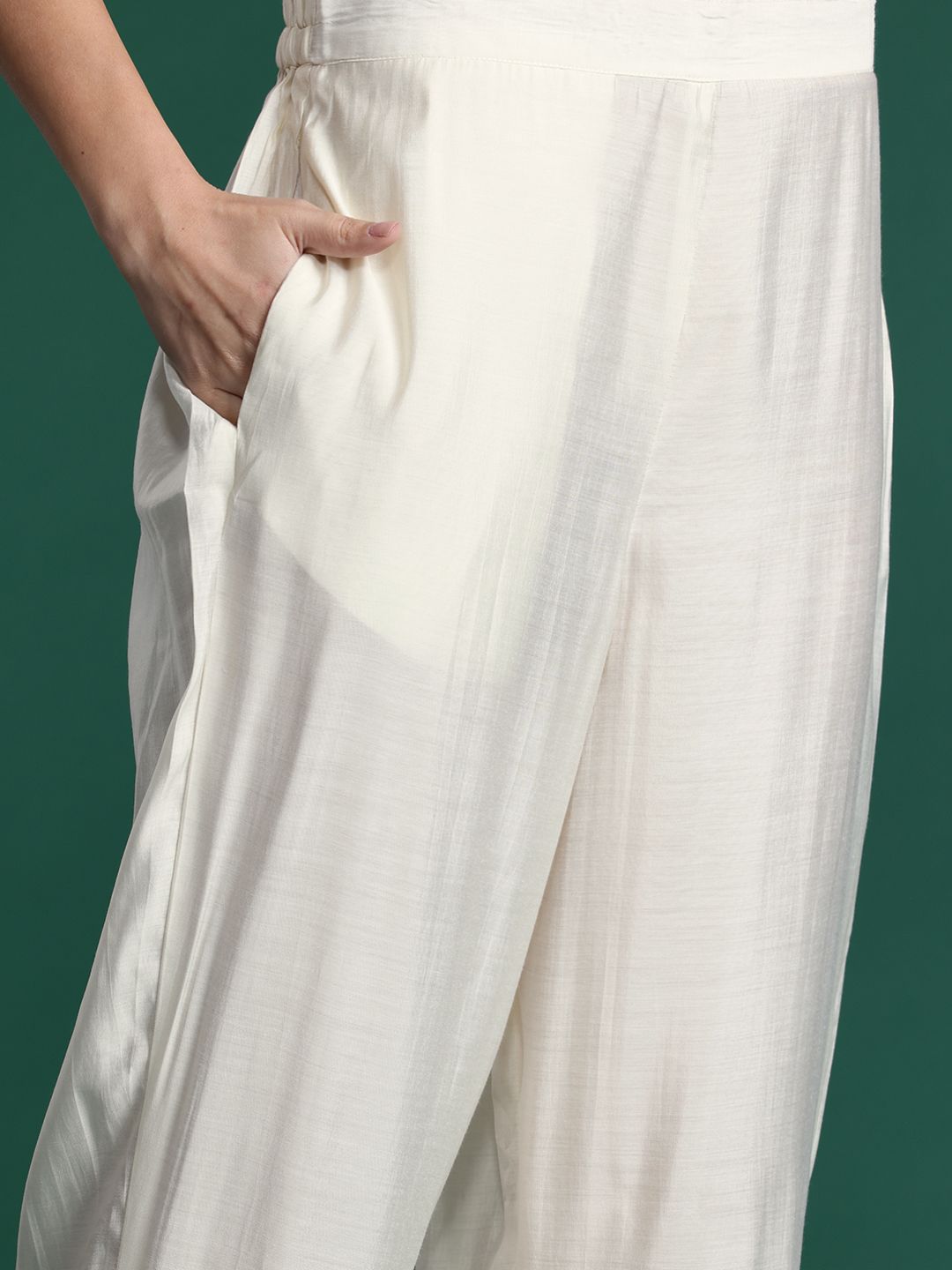 Floral Embroidered Mirror Work Chanderi Silk Kurta With Trousers & Dupatta