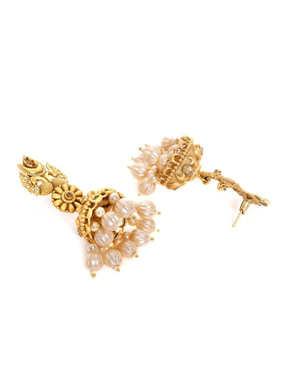 Dhiyona RJ Women's Gold-Plated Pearls Peacock Shaped Jhumkas Earrings