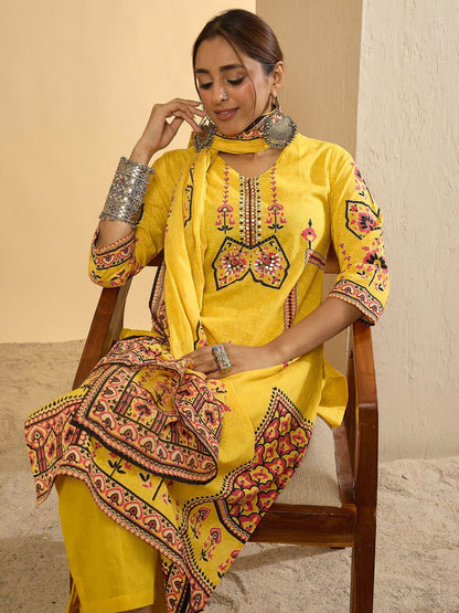 Dhiyona IE Ethnic Motifs Printed V-Neck Pure Cotton Straight Kurta With Trousers & Dupatta