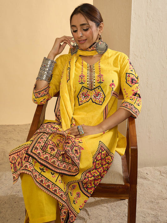 Dhiyona IE Ethnic Motifs Printed V-Neck Pure Cotton Straight Kurta With Trousers & Dupatta