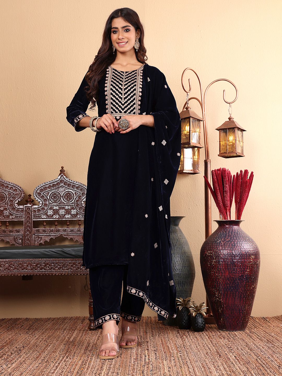 Dhiyona VA Women'sEthnic Motifs Embroidered Zari Velvet Kurta With Trousers And Dupatta