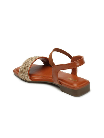 Dhiyona AK Tan Brown & Gold-Toned Embroidered Open Toe Flats