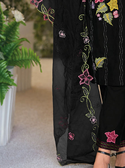 Floral Embroidered Thread Work Straight Kurta With Trousers And Dupatta