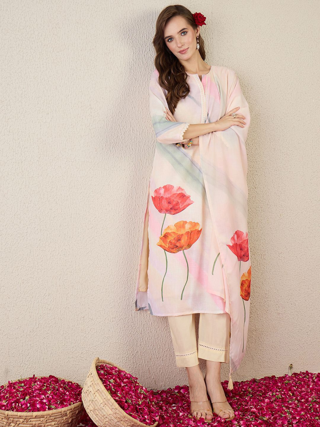 Floral Printed Notch Neck Straight Kurta With Trouser & Dupatta