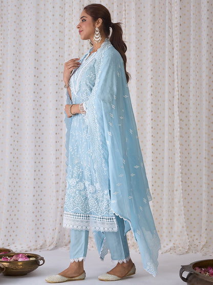 Dhiyona IE Floral Embroidered Pure Cotton Straight Kurta With Trousers & Dupatta