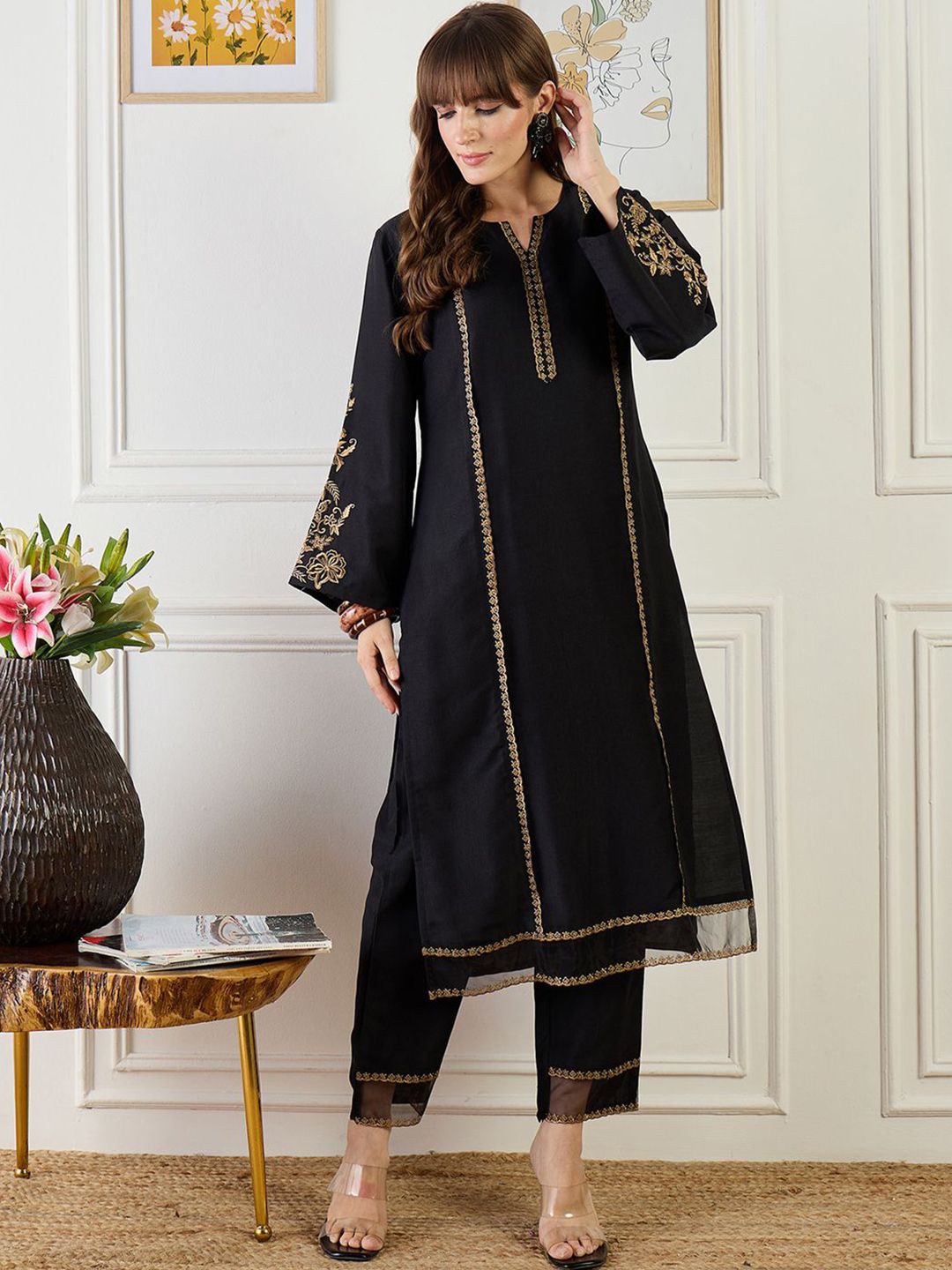 Dhiyona IE Embroidered Round Neck Top With Trousers Co-Ords