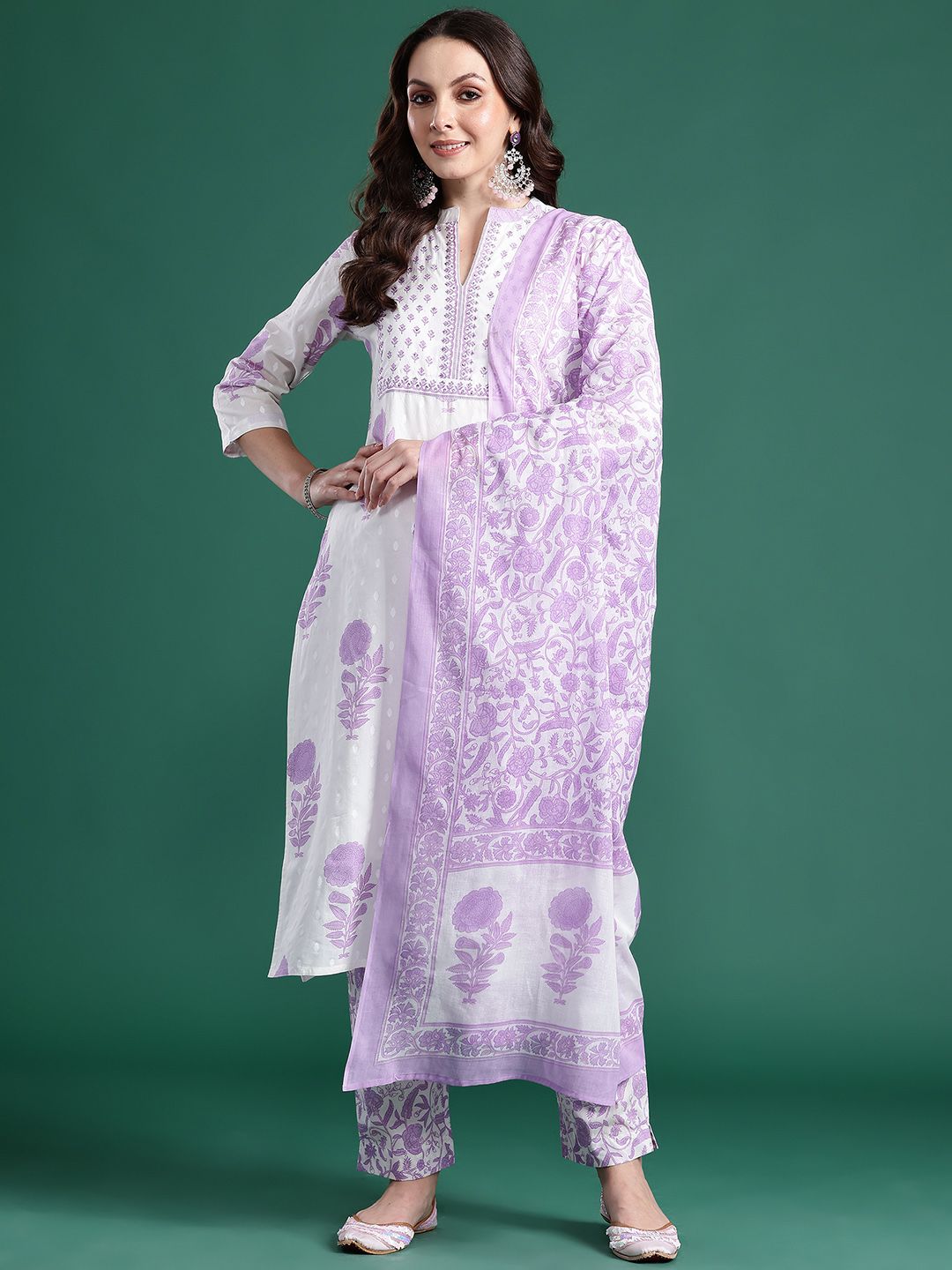 Floral Printed Pure Cotton Kurta with Trousers & Dupatta