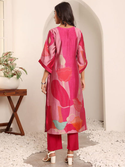 Dhiyona VA Women'sAbstract Printed Notch Neck Chanderi Silk Straight Kurta With Trousers