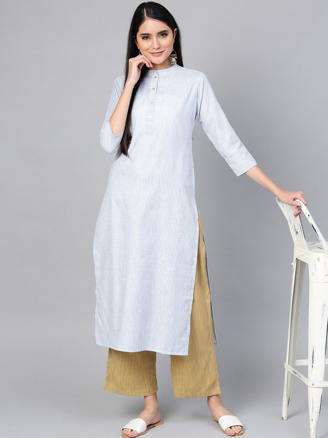 Dhiyona IE Women Blue Striped Cotton Kurta